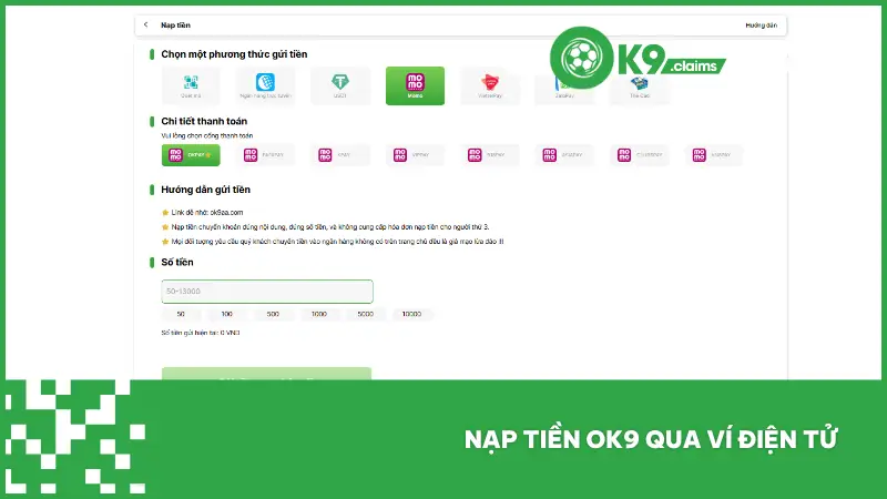 Ok9 đang hợp tác với các ví điện tử lớn tại Việt Nam